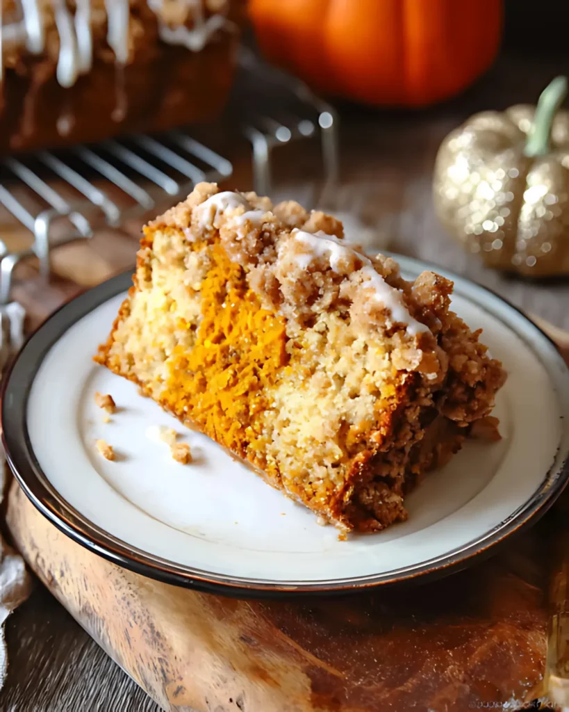 Close-up of a moist and crumbly slice of Pumpkin Streusel Bread served on a plate with glaze drizzle.
