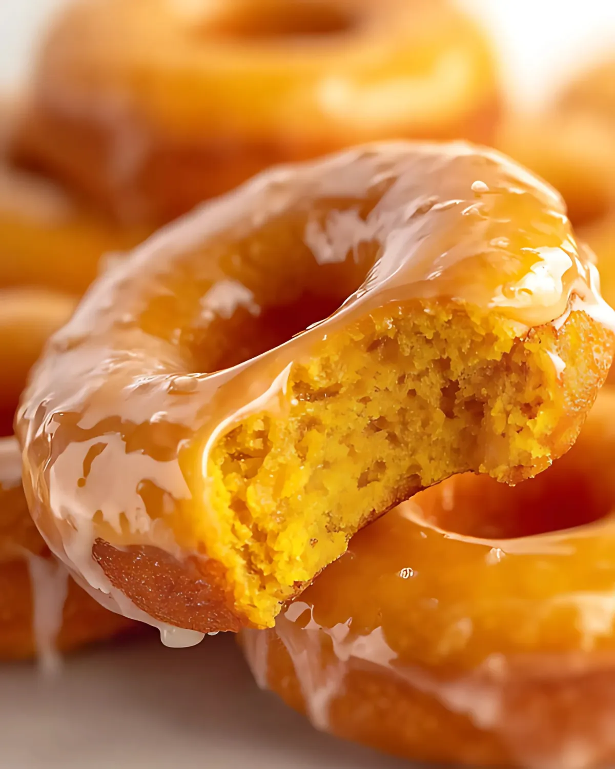 Close-up of a glazed pumpkin donut with a bite taken out, showing moist and fluffy texture