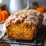 Moist and tender Pumpkin Streusel Bread loaf with crumb topping and vanilla glaze, displayed on a cooling rack.