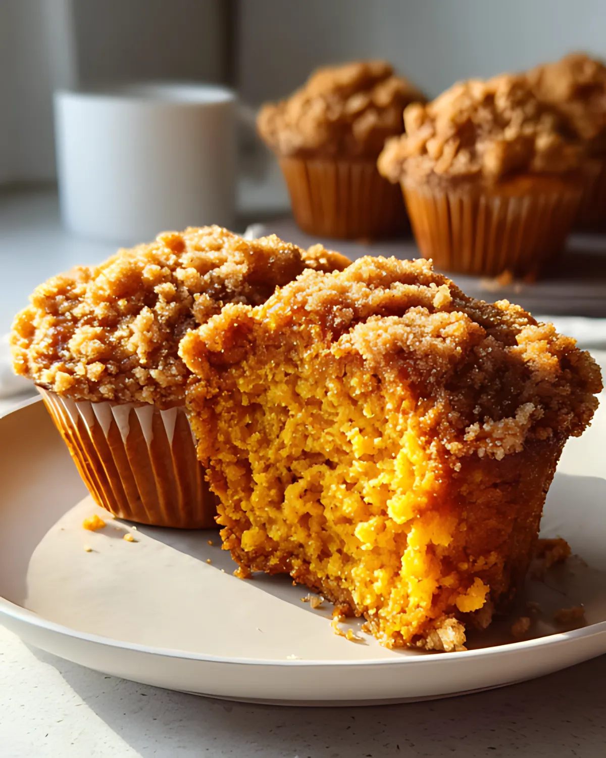 spiced-pumpkin-muffins-moist-crumb-topping Freshly baked spiced pumpkin muffins with a crumb topping on a plate in natural sunlight