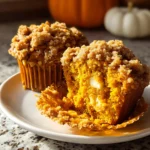 Spiced pumpkin muffins with cream cheese filling and crumb topping on a plate