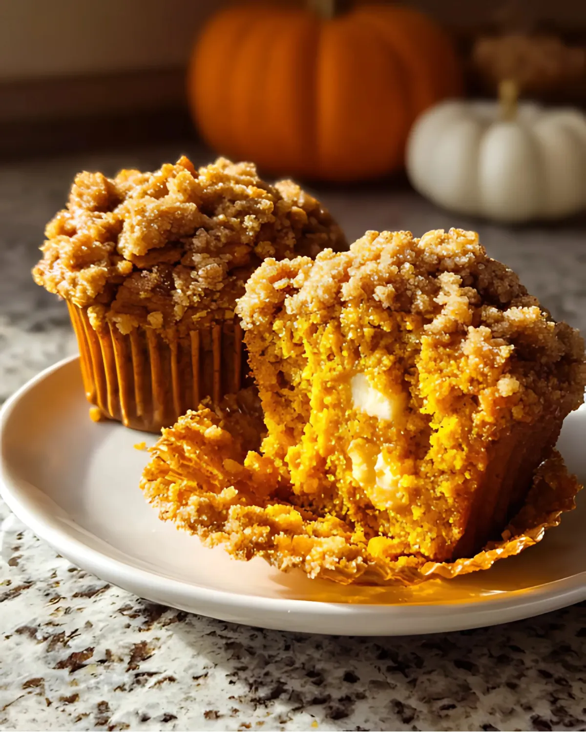 spiced-pumpkin-muffins-with-cream-cheese-filling Spiced pumpkin muffins with cream cheese filling and crumb topping on a plate