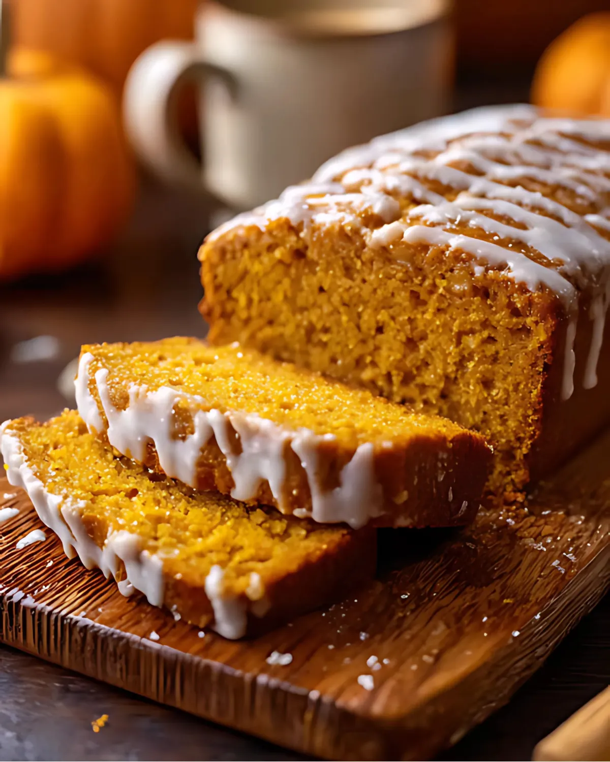 Close-up of moist Starbucks Pumpkin Bread loaf topped with icing glaze and sliced on a wooden board.