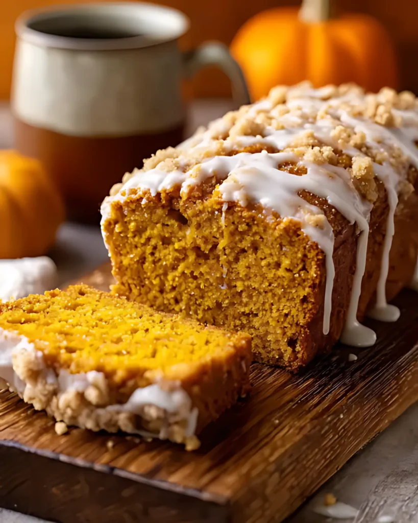 Starbucks Pumpkin Bread with crumb topping and icing, sliced on a wooden board with pumpkins and coffee in the background.