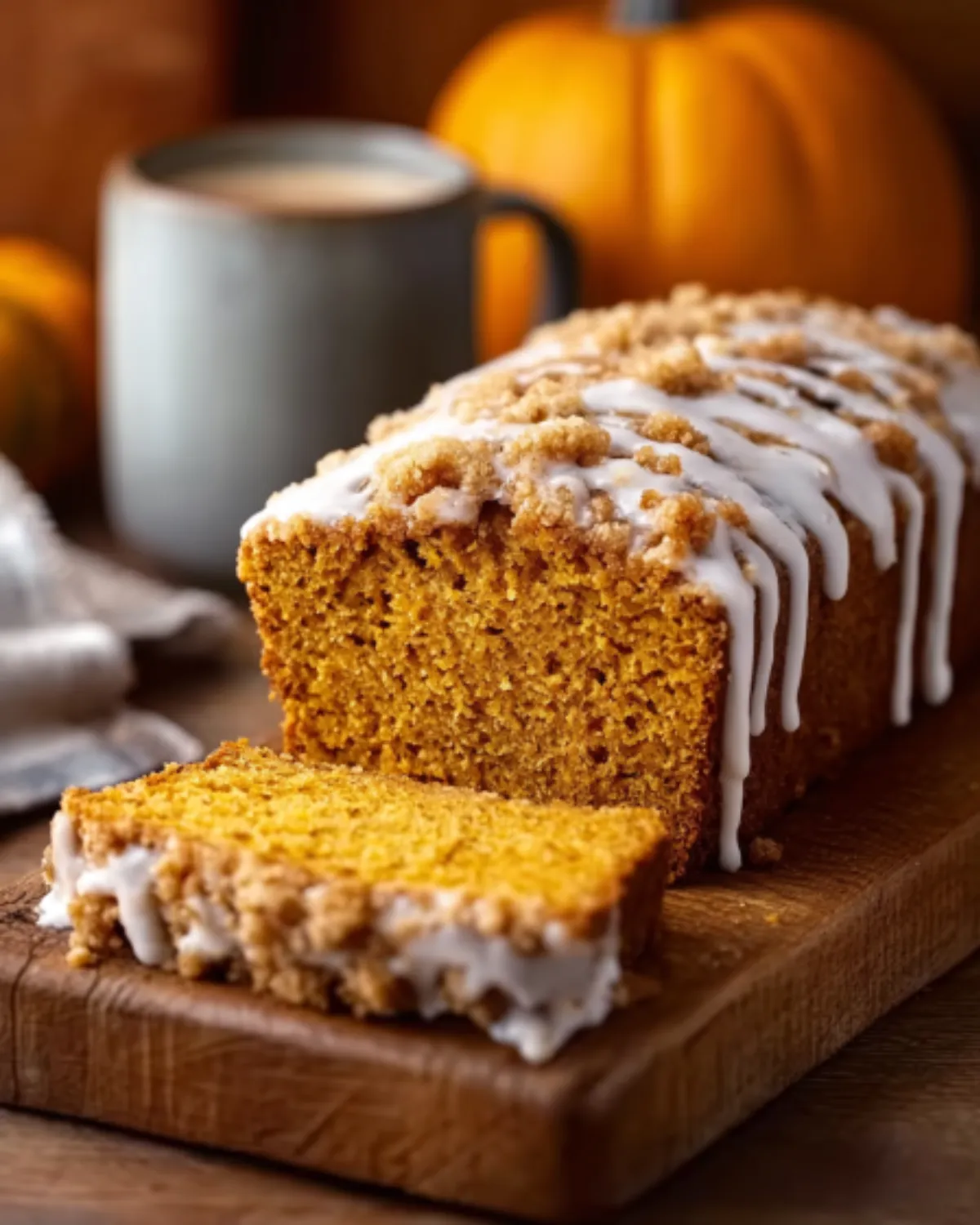 Starbucks Pumpkin Bread loaf with crumble topping and icing, sliced on a wooden board with a coffee mug and pumpkins.