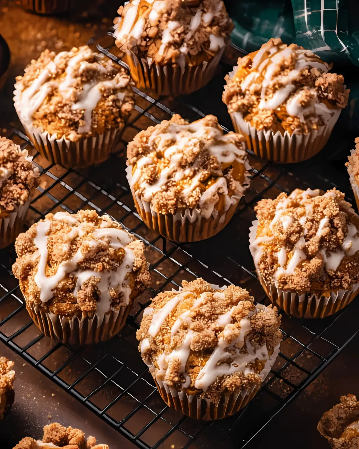 freshly-baked-pumpkin-crumb-muffins-on-cooling-rack Freshly baked Pumpkin Crumb Muffins with cinnamon streusel and vanilla glaze cooling on a wire rack