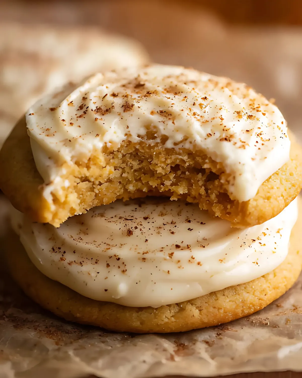 Stacked pumpkin sugar cookies with creamy frosting and cinnamon, one with a bite taken out