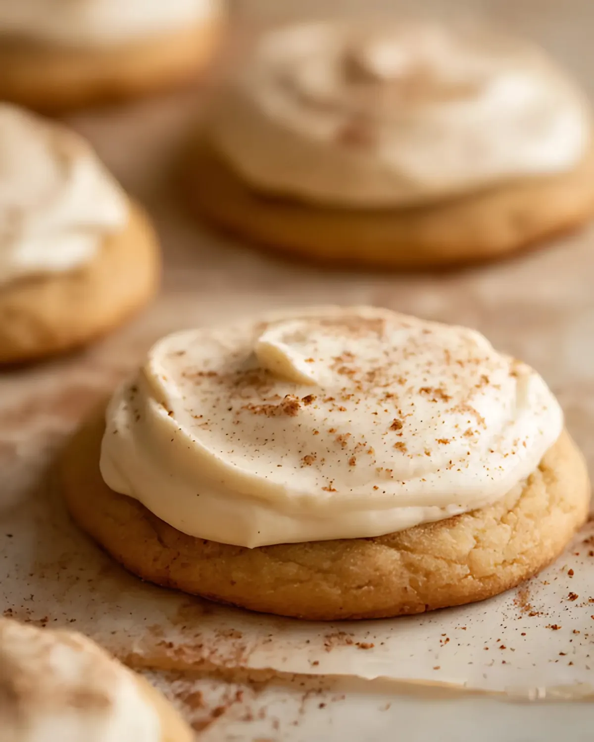 Close-up of pumpkin sugar cookies with thick cream cheese frosting and a dusting of cinnamon
