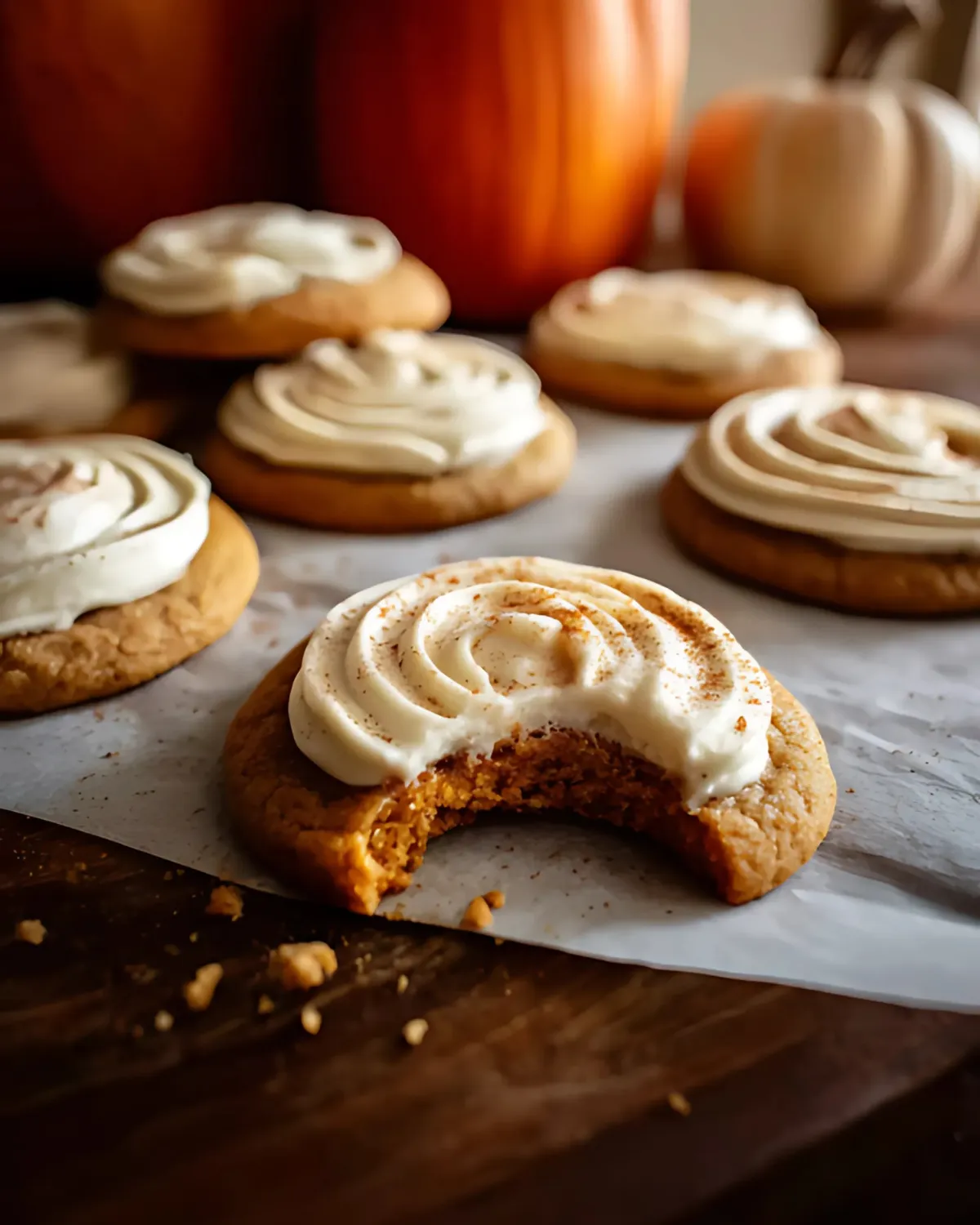 Pumpkin sugar cookies topped with swirled cream cheese frosting, one with a bite missing, surrounded by pumpkins