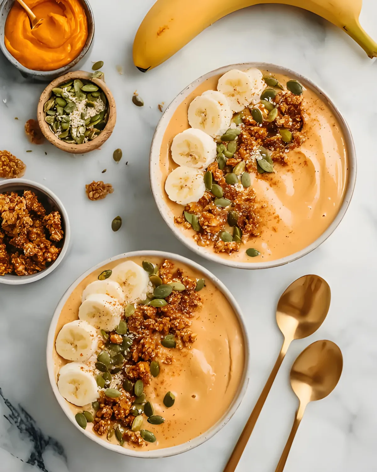 pumpkin-protein-smoothie-bowl-with-banana-granola-pumpkin-seeds Pumpkin Protein Smoothie Bowl served in two bowls topped with banana slices, granola, pumpkin seeds, and shredded coconut