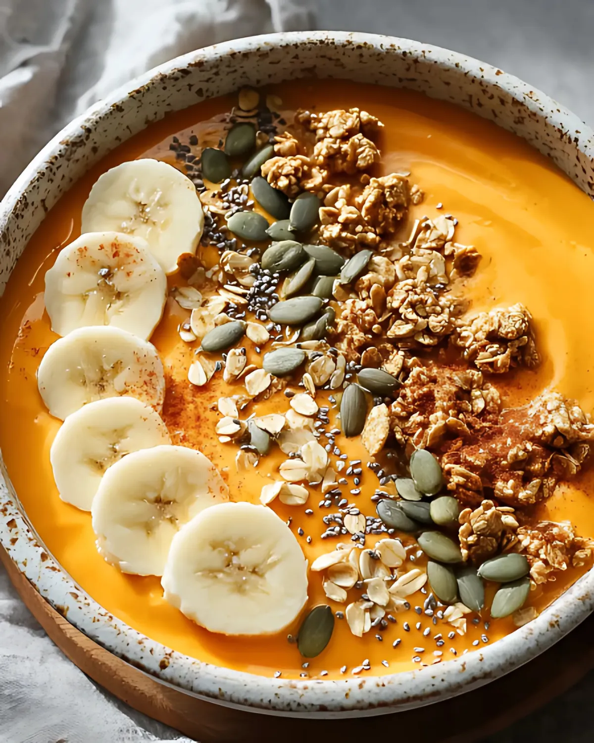 pumpkin-protein-smoothie-bowl-with-banana-oats-chia-granola Pumpkin Protein Smoothie Bowl topped with banana slices, rolled oats, chia seeds, pumpkin seeds, and granola