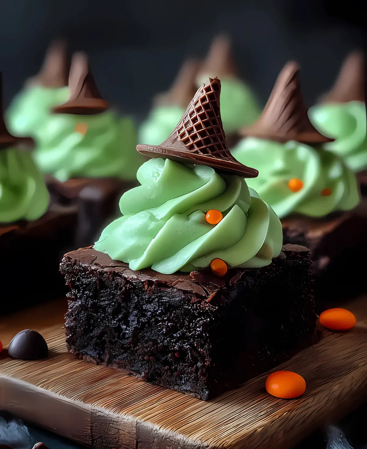 Close-up of rich Witch Hat Brownies with green frosting and chocolate cone witch hats, ideal for Halloween celebrations.