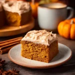 Slice of Pumpkin Spice Latte Cake with creamy frosting served on a ceramic plate beside a cozy latte and fall decor.