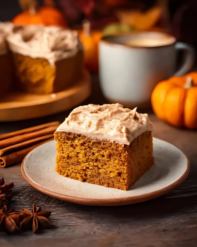 Slice of Pumpkin Spice Latte Cake with creamy frosting served on a ceramic plate beside a cozy latte and fall decor.