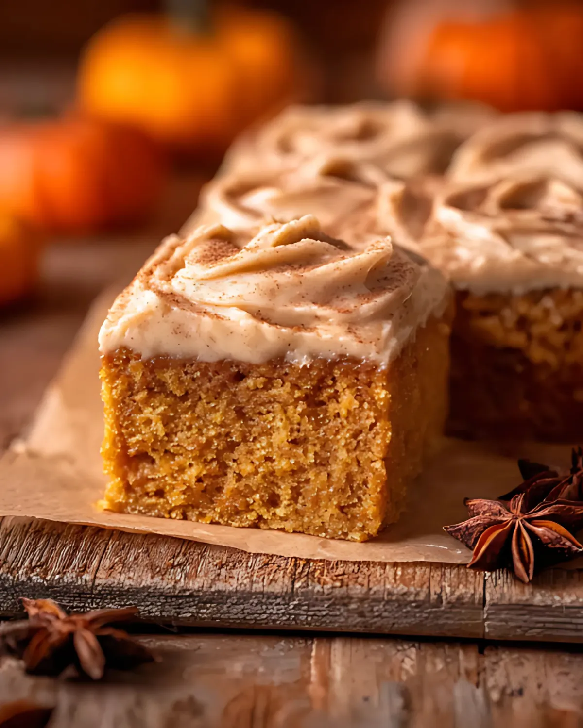 Close-up of Pumpkin Spice Latte Cake slice with creamy spiced frosting on rustic parchment and wood.