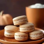 Stack of homemade pumpkin spice macarons on a plate with autumn background