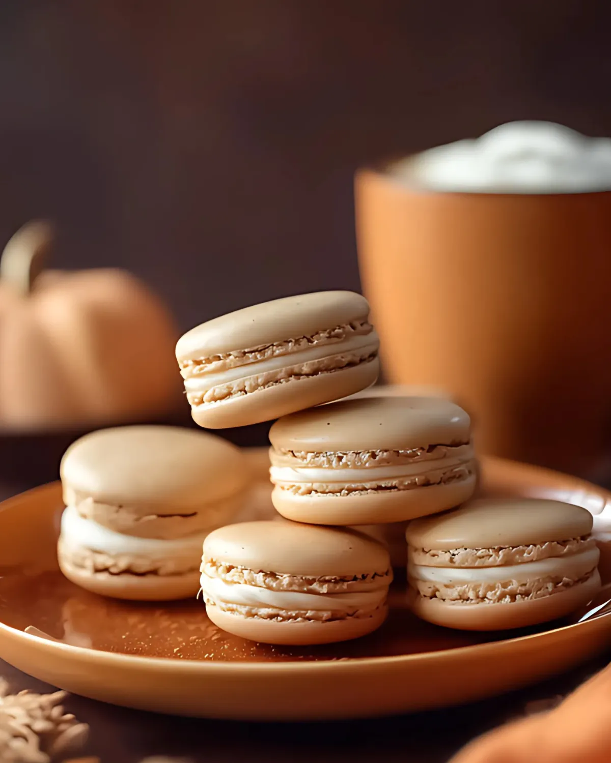 pumpkin-spice-macarons-recipe Stack of homemade pumpkin spice macarons on a plate with autumn background