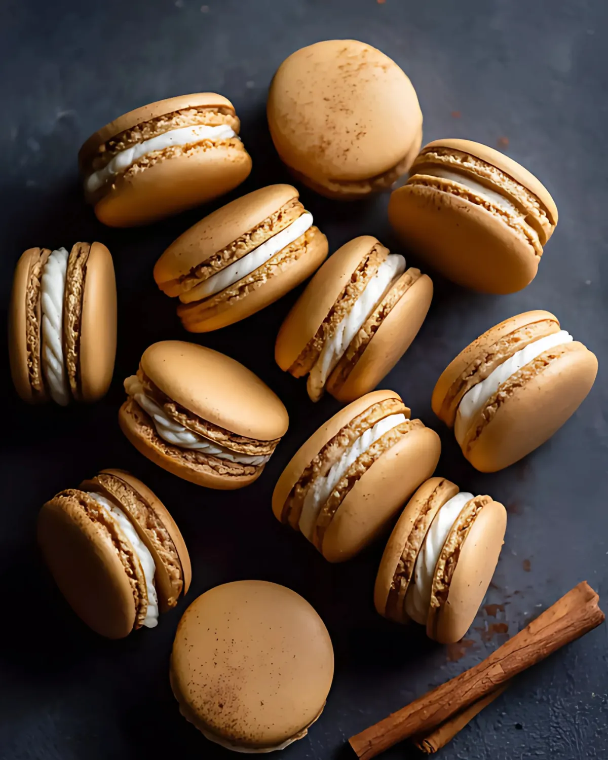 pumpkin-spice-macarons-flatlay Flat lay of pumpkin spice macarons with creamy filling and cinnamon sticks on dark background