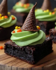 Moist Witch Hat Brownies with green frosting and tilted chocolate cone hats, decorated with Halloween candy sprinkles.