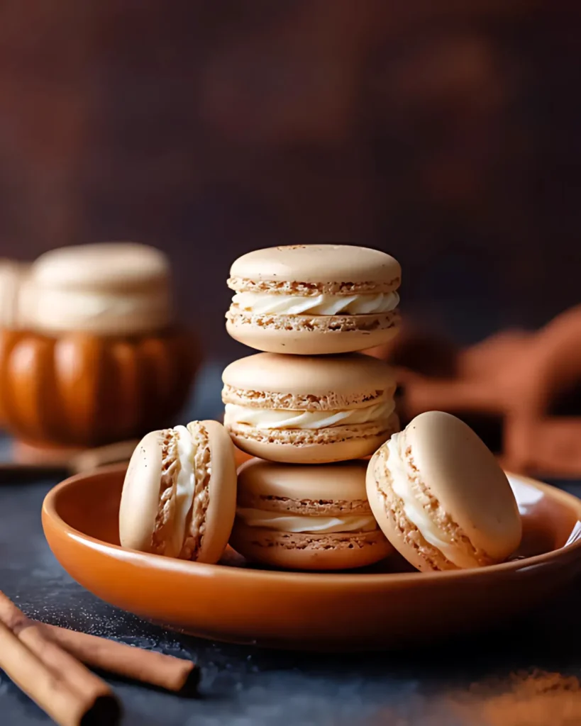 Pumpkin spice macarons stacked on a warm brown plate with cinnamon sticks and fall decor