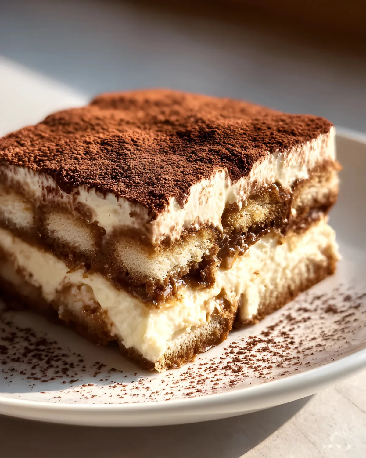 Classic tiramisu recipe served on a plate with espresso-soaked ladyfingers and mascarpone cream topped with cocoa powder