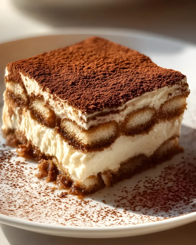 Classic tiramisu recipe with espresso-soaked ladyfingers, creamy mascarpone, and cocoa powder on a white plate