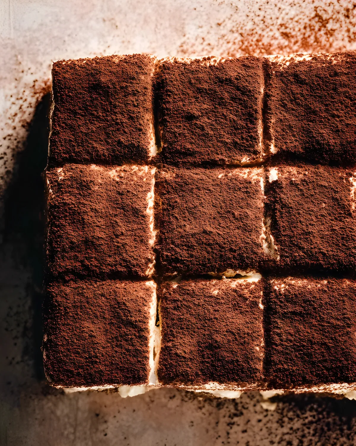 Classic tiramisu recipe cut into cocoa-dusted squares with creamy mascarpone layers