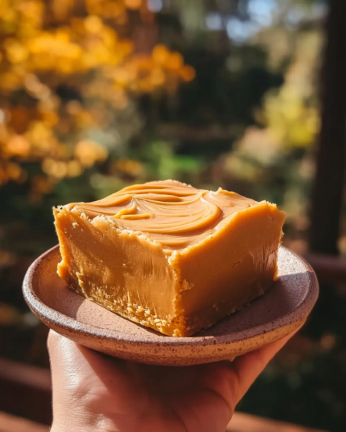 pumpkin-spice-fudge-slice-in-fall-light A rustic slice of pumpkin spice fudge with swirled top, held on a ceramic plate in natural autumn light.
