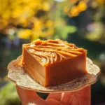 Close-up of a swirled pumpkin spice fudge square on a vintage plate held outdoors with a fall background.