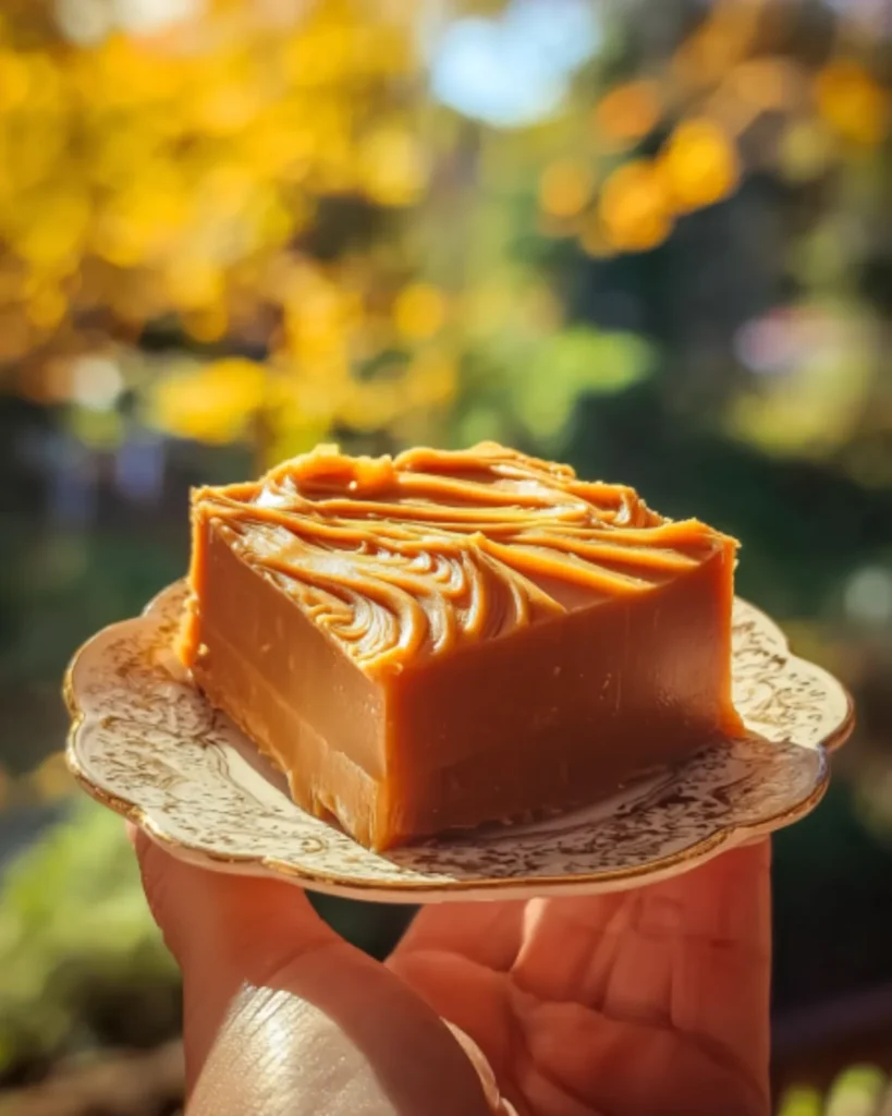 Close-up of a swirled pumpkin spice fudge square on a vintage plate held outdoors with a fall background.