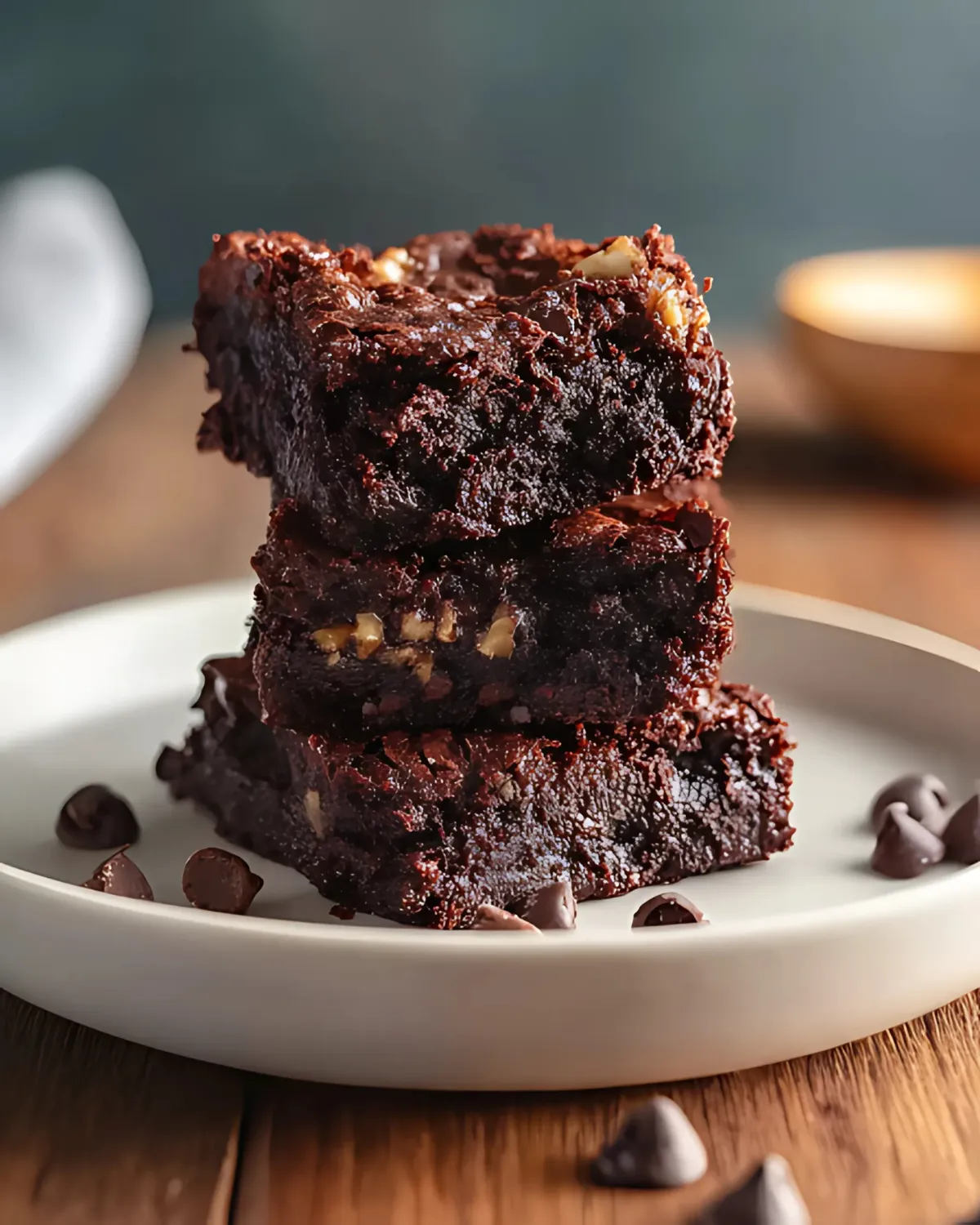 Stack of rich and fudgy black bean Halloween brownies with chocolate chips on a white plate