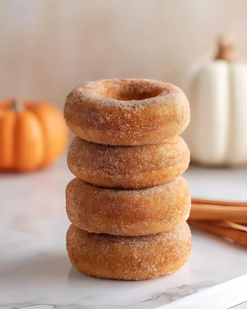 Stack of homemade pumpkin spice donuts coated in cinnamon sugar, perfect for fall baking.