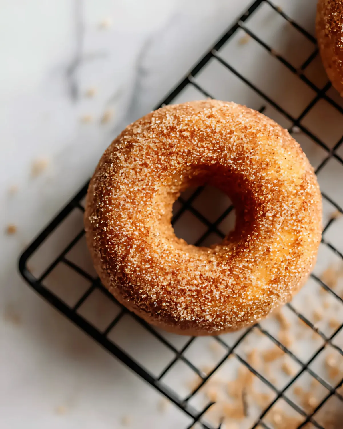pumpkin-spice-donuts-closeup-cooling-rack Close-up of a freshly baked pumpkin spice donut with cinnamon sugar on a cooling rack.