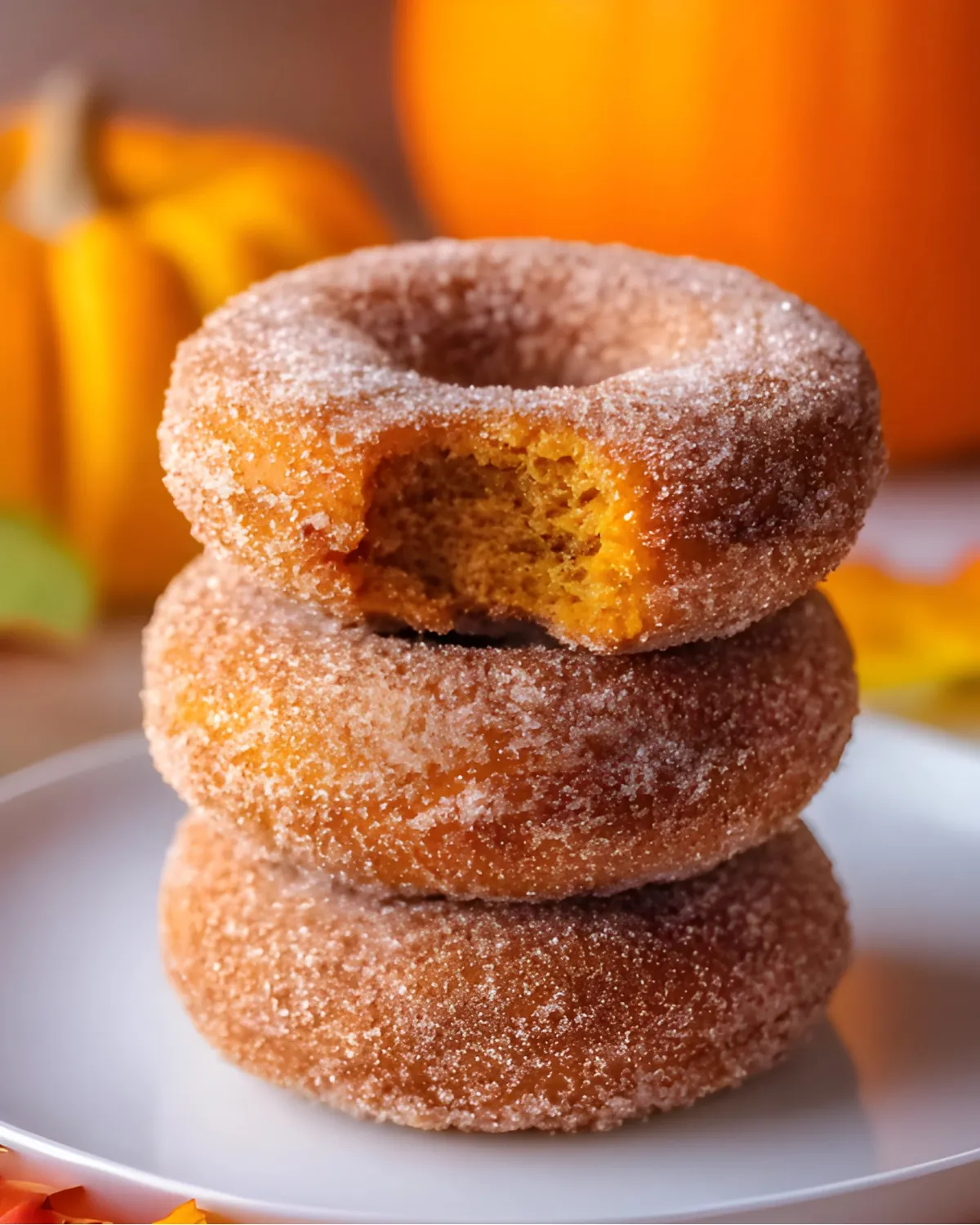 pumpkin-spice-donuts-bite-shot-fall-vibes Pumpkin spice donuts stacked on a plate with a bite taken out of the top donut, surrounded by fall decorations.