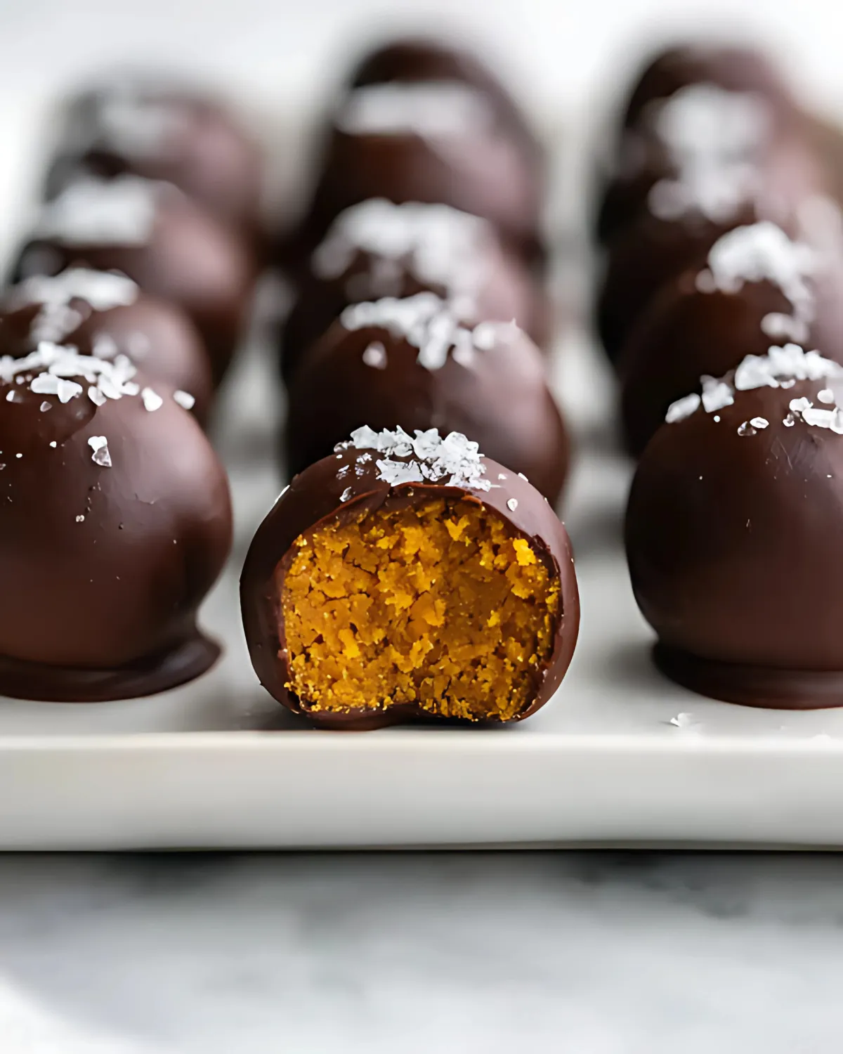 pumpkin-spice-truffles-chocolate-coated-treats Close-up of chocolate-coated pumpkin spice truffles topped with sea salt, with one truffle bitten to reveal the spiced orange filling.