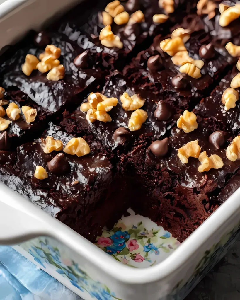 Freshly baked black bean Halloween brownies in a floral ceramic dish, topped with chocolate chips and chopped walnuts