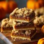 Stack of homemade pumpkin pie bars topped with crumbly streusel, perfect for a fall dessert.