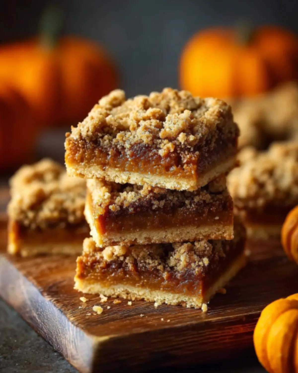 pumpkin-pie-bars-recipe-fall-dessert Stack of homemade pumpkin pie bars topped with crumbly streusel, perfect for a fall dessert.