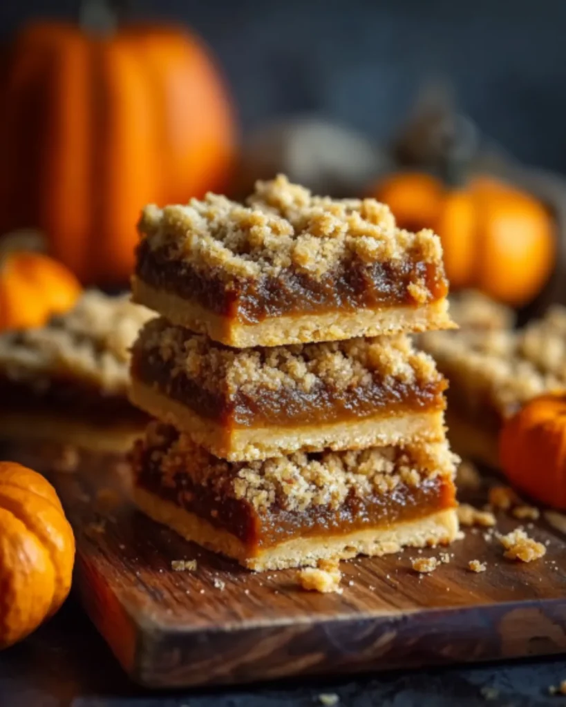 Thick pumpkin pie bars stacked on a wooden board, topped with golden brown streusel and surrounded by mini pumpkins.
