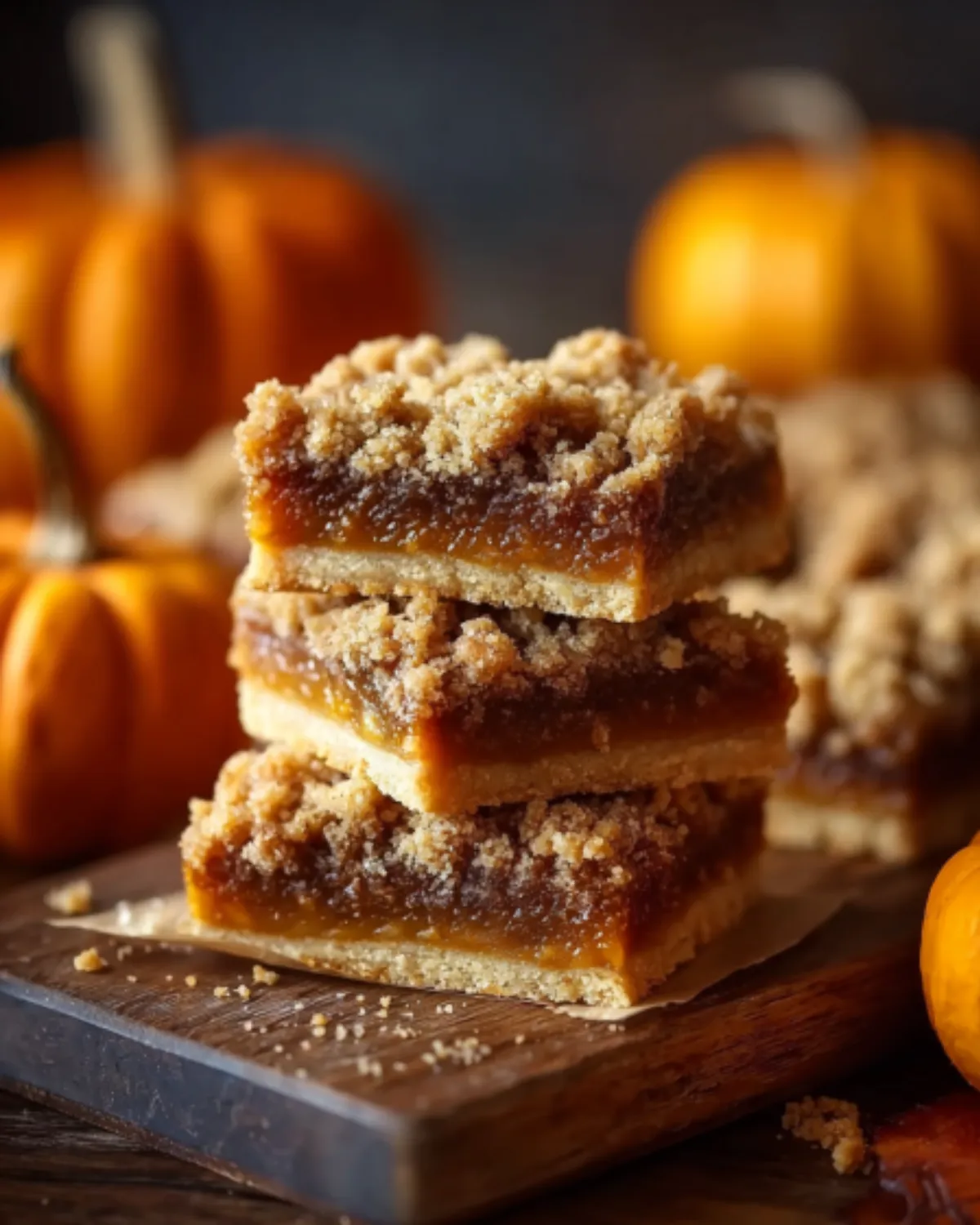 pumpkin-pie-bars-rustic-holiday-dessert Close-up of rustic pumpkin pie bars stacked on a wooden board with crumb topping and pumpkins in the background.