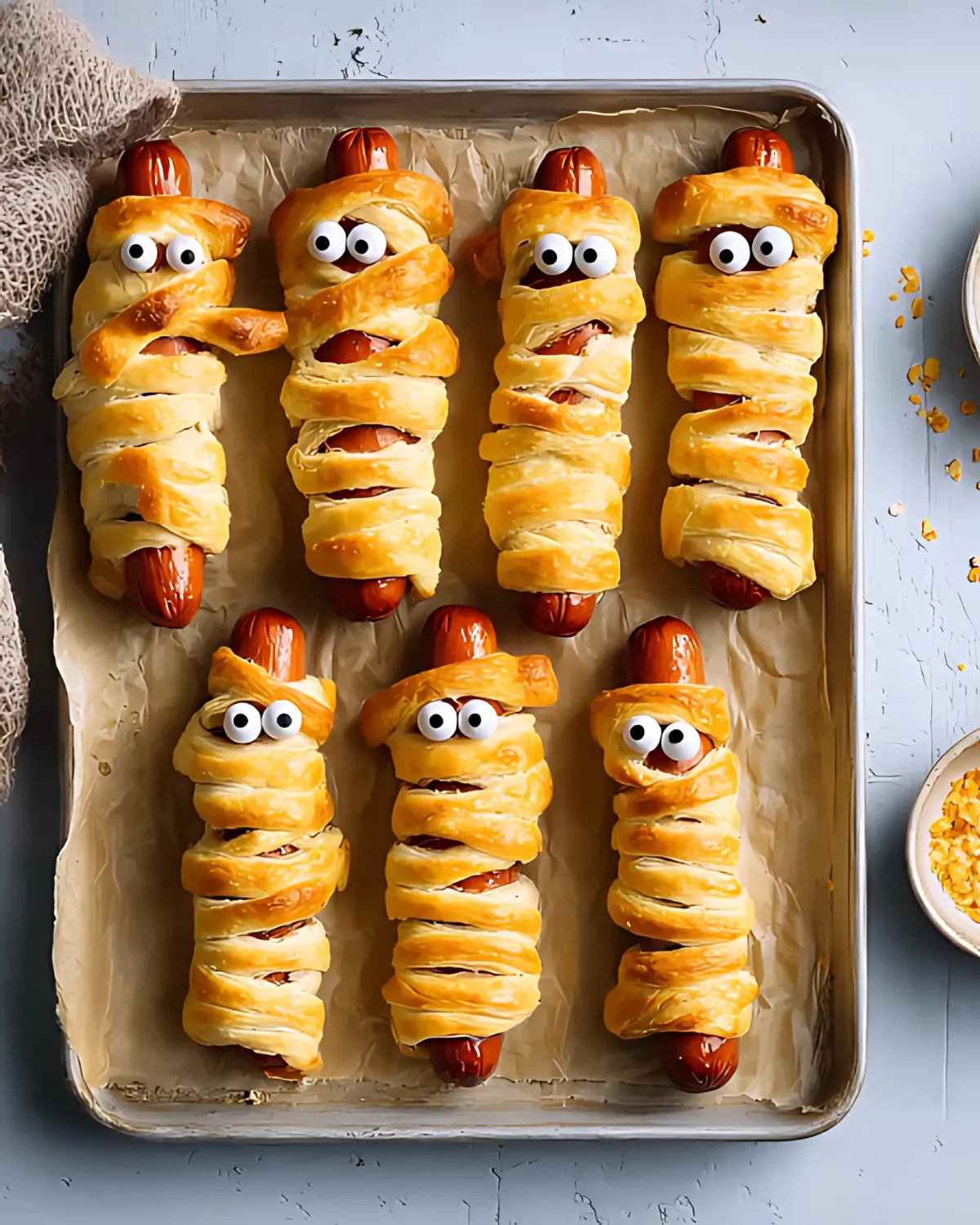 halloween-sausage-mummy-wraps-recipe Halloween Sausage Mummy Wraps made with puff pastry and hot dogs on a baking tray, perfect for spooky party snacks.