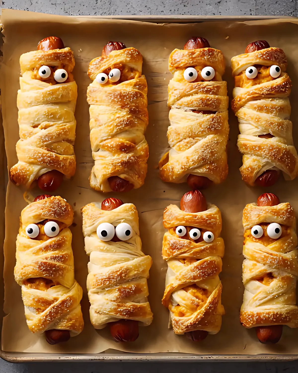 halloween-sausage-mummy-wraps-snack-tray Tray of Halloween Sausage Mummy Wraps topped with candy eyes and flaky puff pastry, baked until golden brown and spooky.