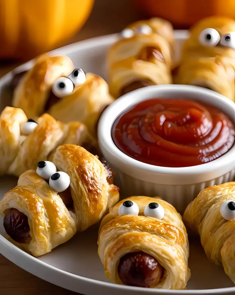 Close-up of Halloween Sausage Mummy Wraps served with ketchup dip, made from mini sausages wrapped in golden puff pastry with candy eyes.