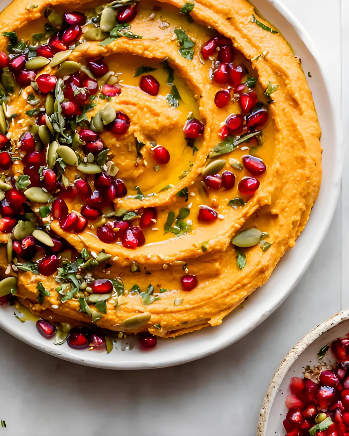 Creamy pumpkin hummus topped with pomegranate seeds, pepitas, and herbs served in a white bowl.