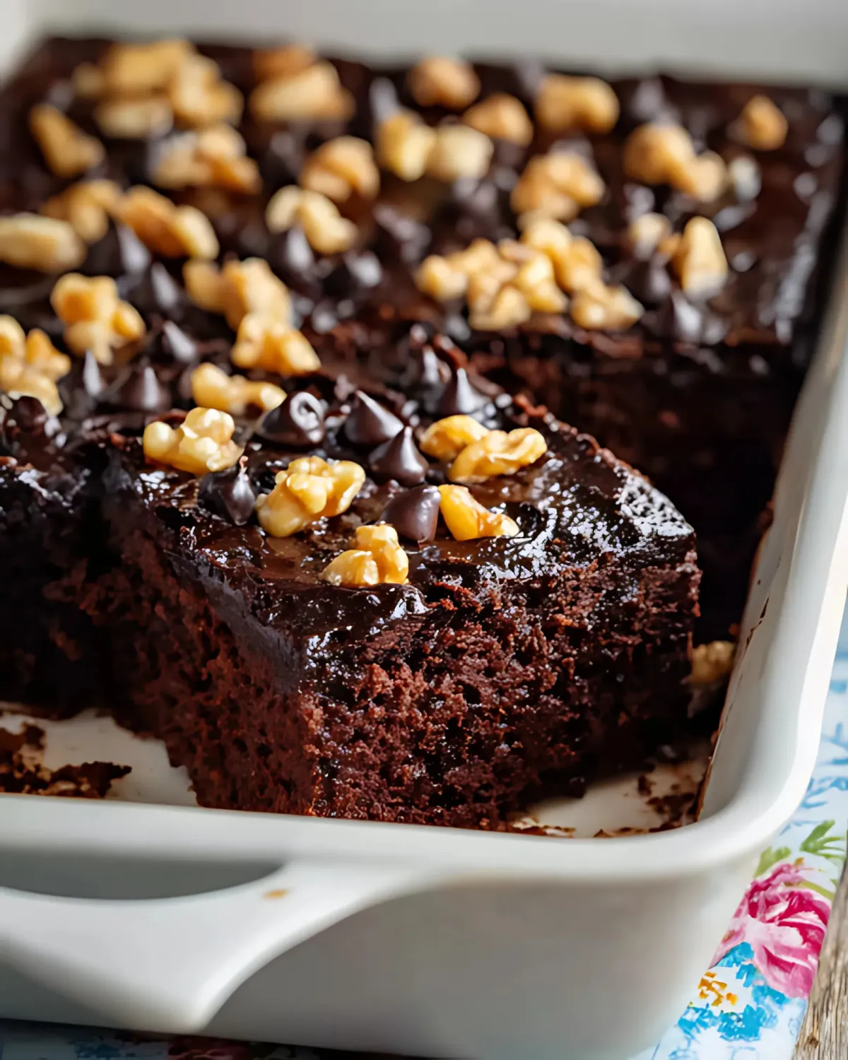 Close-up of moist black bean Halloween brownies in a white baking dish, topped with chocolate chips and walnuts