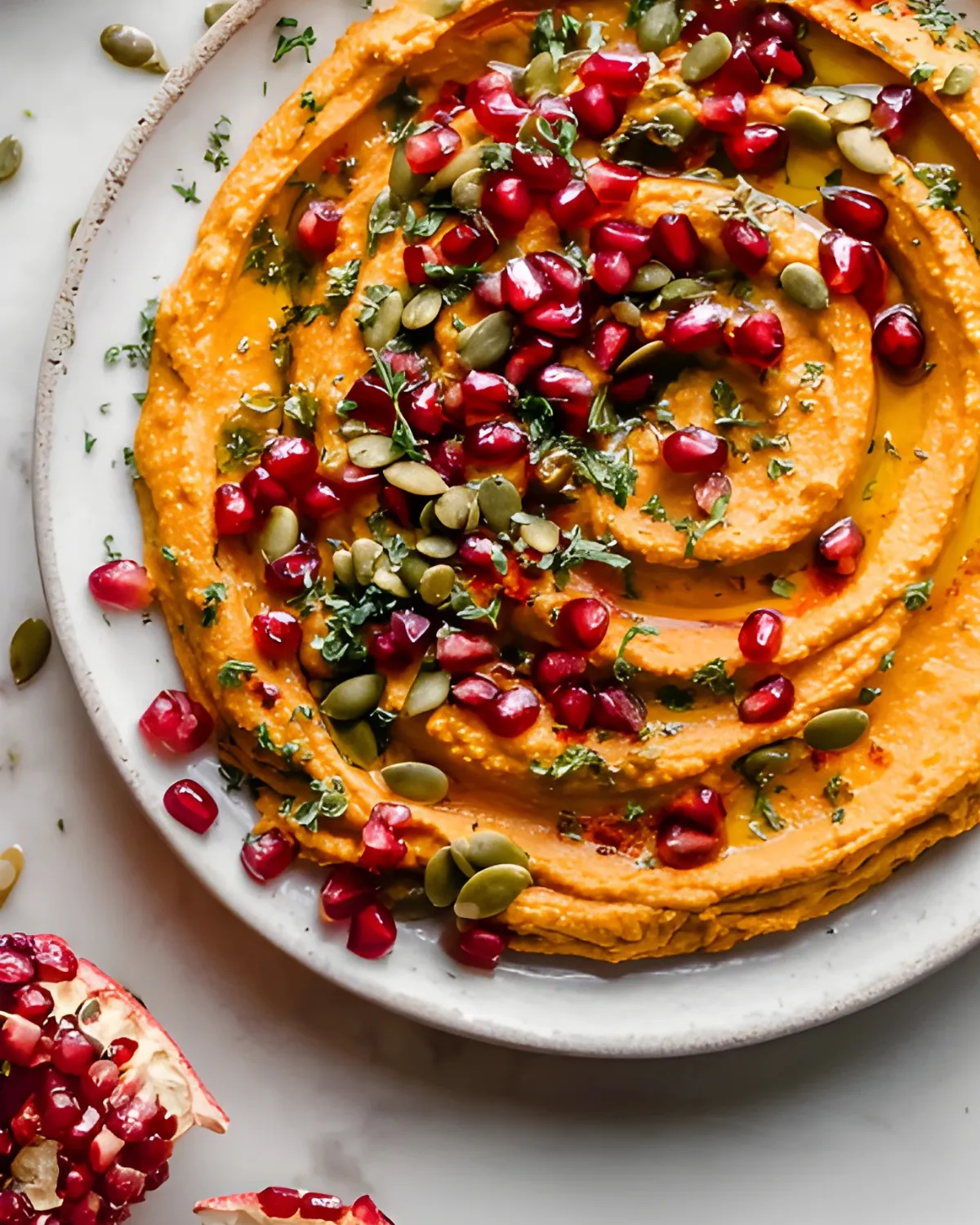 Pumpkin hummus swirled on a plate and topped with pomegranate seeds, pepitas, fresh herbs, and a drizzle of olive oil.