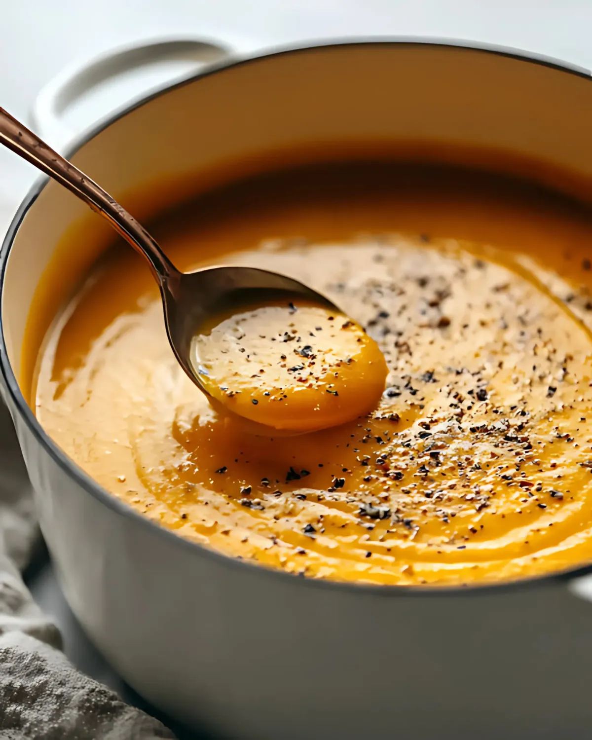 Creamy roasted pumpkin soup served in a pot with freshly ground black pepper on top