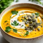 Bowl of roasted pumpkin soup garnished with cream swirl, pumpkin seeds, and fresh parsley