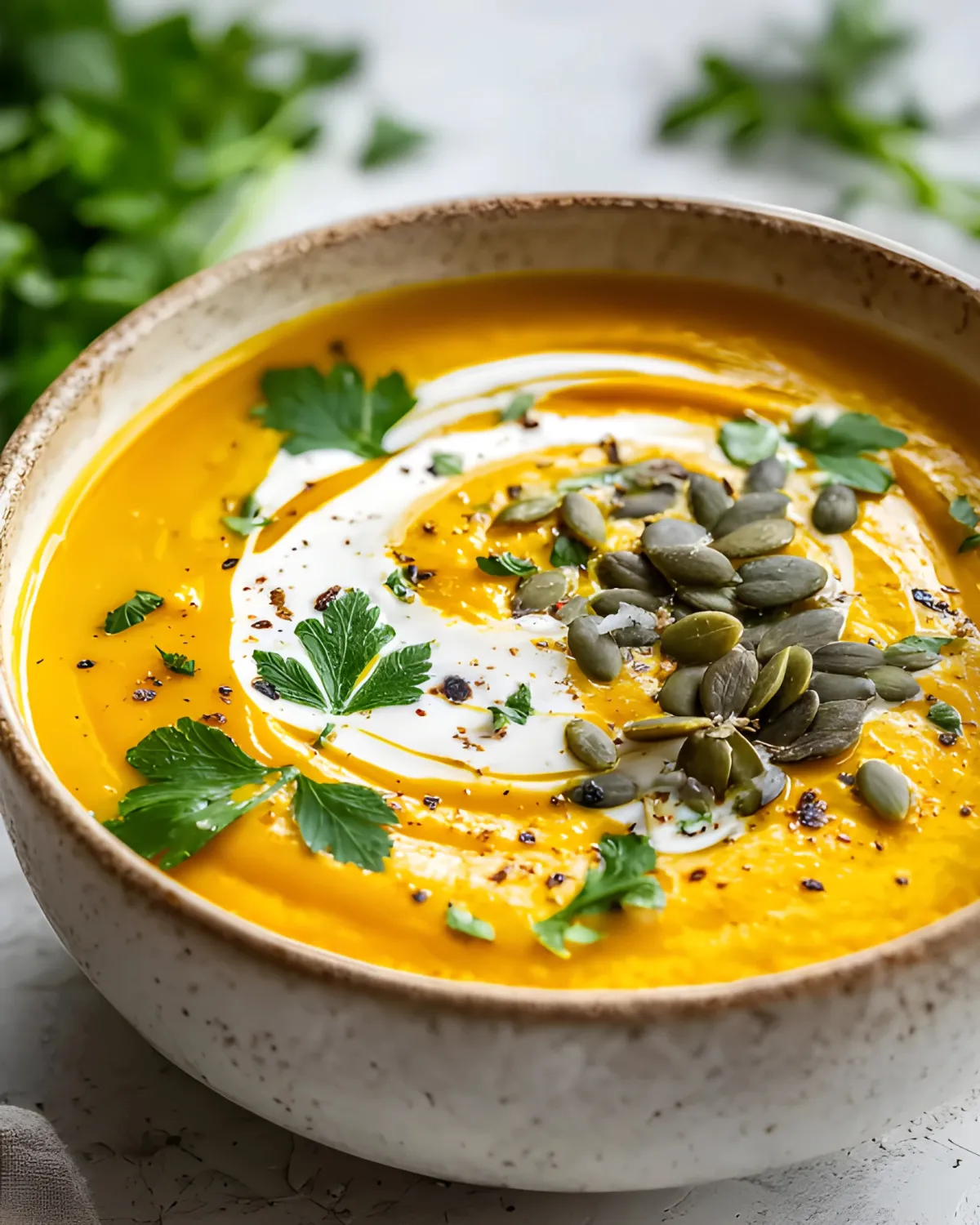 Bowl of roasted pumpkin soup garnished with cream swirl, pumpkin seeds, and fresh parsley
