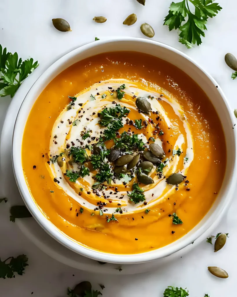 Roasted pumpkin soup topped with fresh parsley, cream swirl, and crunchy pumpkin seeds in a white bowl
